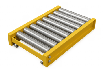Yellow roller conveyor transporting goods on transparent background