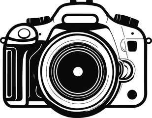 Camera line art – simple line outline of a DSLR camera, black and white, vector style, isolated. 3