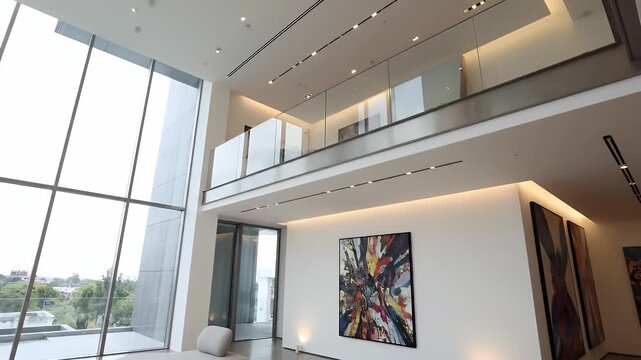 Interior view of a modern, bright living room with large windows, artwork, and a mezzanine level.