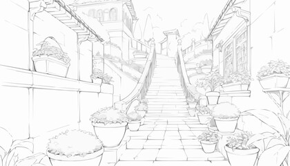 Obraz premium Adult coloring page of a charming staircase lined with potted plants