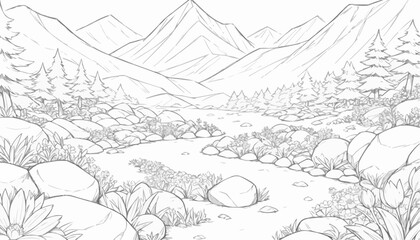 Obraz premium Adult coloring page of a mountain landscape with river and stones
