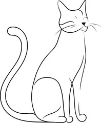 Cat silhouette line art – minimalist outline of a sitting cat with long curved tail, vector black and white 1.