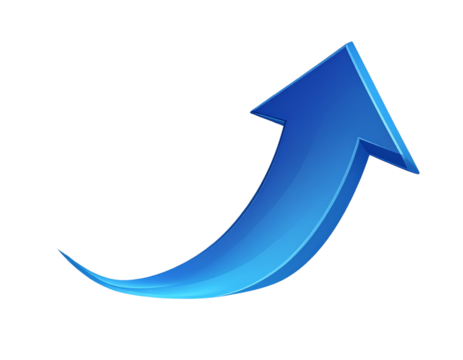 Blue Curved Growth Arrow with Gradient Effect, Rising Upward, Isolated on Transparent Background
