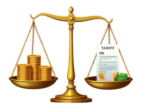  Tariff Concept with Scales and Dollar Coins, Isolated on Transparent Background