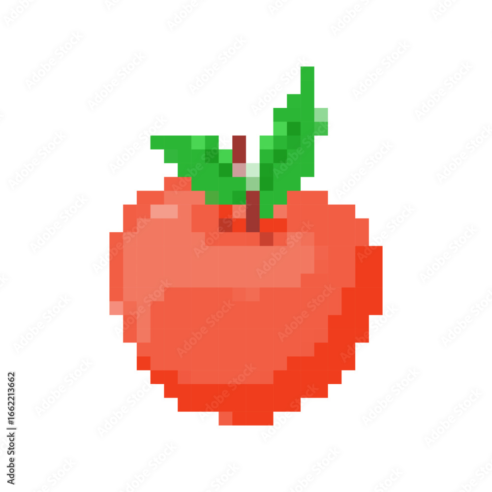 Poster bright red pixel apple with a green leaf, capturing the retro 8 bit look for games and apps.