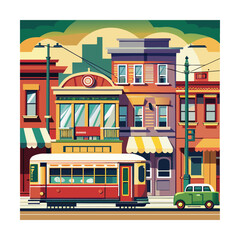 Vintage Tram Passing by Colorful Storefronts Illustration