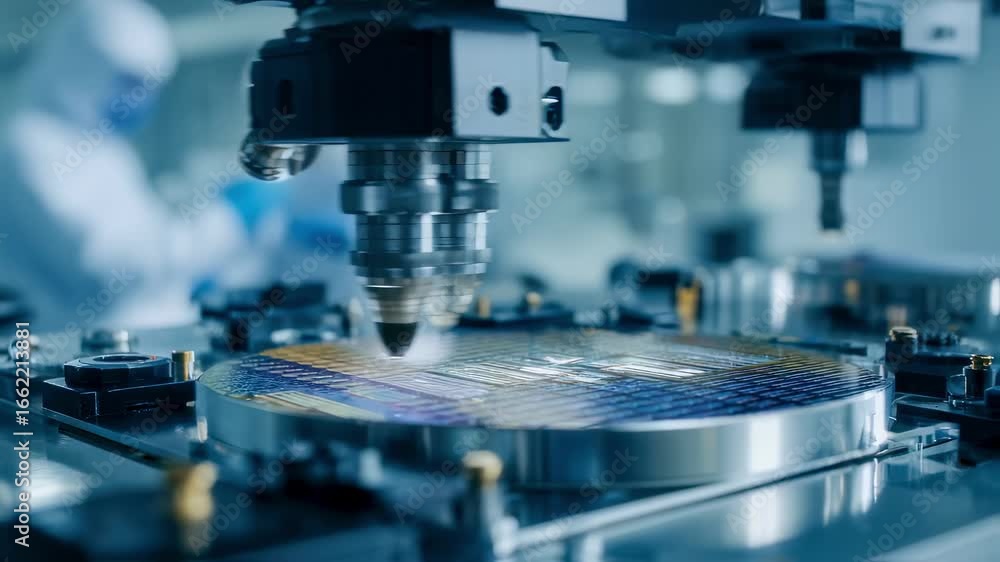 Poster focused medium shot of a photonicchip lidar wafer mounted on an inspection stage showcasing intricat