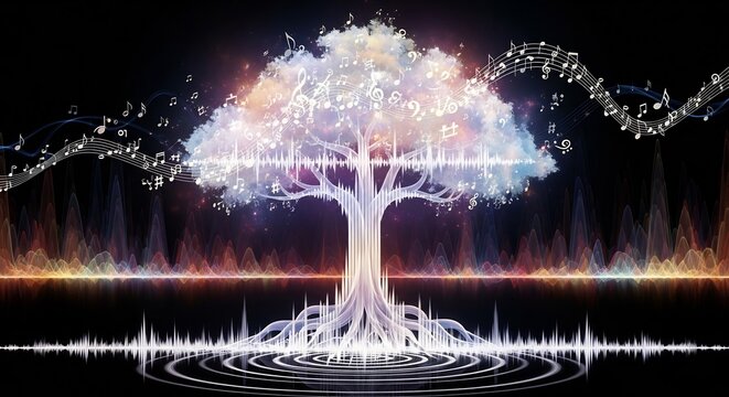 Abstract tree of life, a symphony of nature & sound. Perfect for music therapy, sound healing, or spiritual growth visuals. Harmony, connection, and universal language.