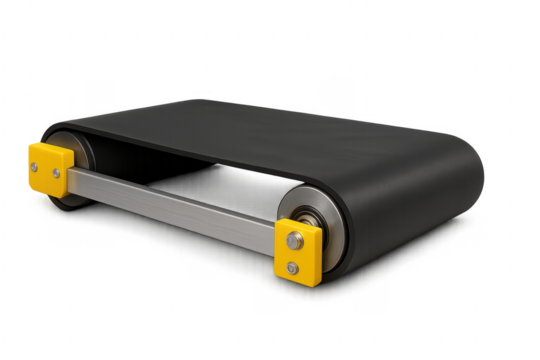 Black conveyor belt rotating on rollers on transparent background