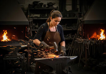 A female blacksmith forges a future, sparks fly in an ancient art of strength and creation.