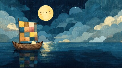 Nighttime sailboat journey under a smiling moon, calm sea, cloud-filled sky, children's book illustration