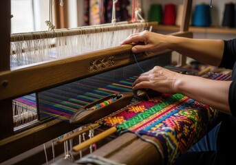 Closeup of hands operating a traditional wooden loom, weaving a colorful and intricate textile with vibrant threads