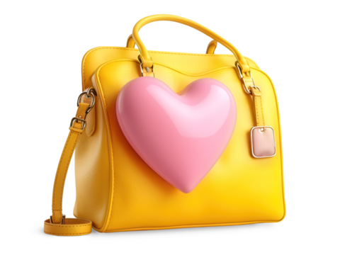 Women's  yellow bag with heart isolated on transparent background