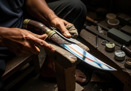 Closeup of a craftsmans hands meticulously working on an ornate, engraved dagger blade in a traditional workshop