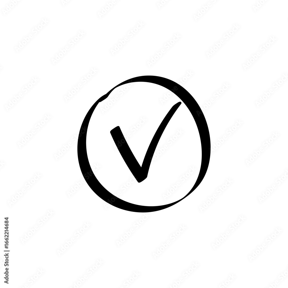 Poster circular checkbox featuring a bold checkmark in a hand-drawn, sketch style. represents approval.