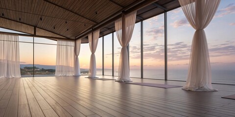Yoga studio with ocean view at sunset
