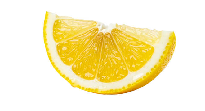A vibrant close up of a juicy lemon wedge isolated on a stark showing citrus detail