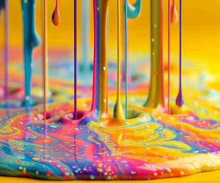 Melting rainbow paint drips create a vibrant, colorful spectacle on a bright yellow surface