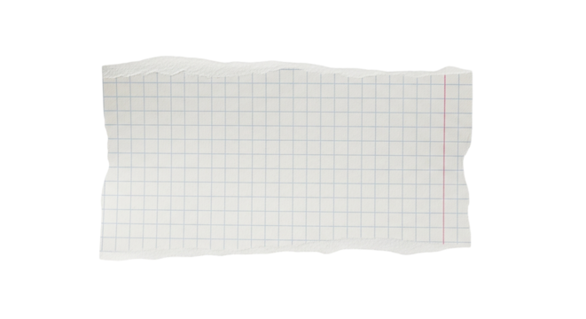 Isolated torn piece of graph paper with grid lines showing rough edges