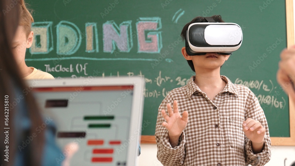 Aufkleber energetic child wearing vr headset while enter virtual world at classroom. student programing system