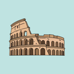 Vector illustration of the Roman Colosseum, famous historical landmark of Rome, Italy. Hand-drawn cartoon icon for travel and tourism.