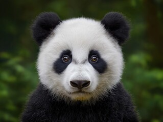 Obraz premium Adorable panda bear with distinctive black and white fur, gazing curiously at the viewer, surrounded by lush greenery in a natural habitat, showcasing wildlife beauty and charm