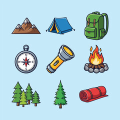 Camping and Hiking Equipment Vector Set &ndash; Tent, Backpack, Fire, Compass, Flashlight, Mountains, and Trees in Cartoon Style
