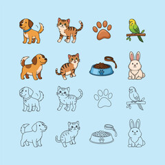 Cute Pet Vector Set &ndash; Dog, Cat, Rabbit, Bird, Paw Print, Food Bowl and Line Art Icons in Cartoon Style
