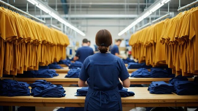 A female worker in a blue uniform is busy folding stacks of navy blue tshirts in a brightly lit clothing factory, with rows of yellow tshirts hanging on racks in the background