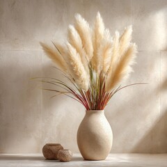 Pampas grass plumes erupt from a textured ceramic vase. Two small, round decorative objects sit nearby, against a neutral-toned tiled wall