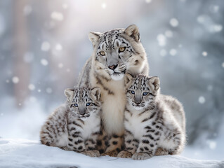 Obraz premium Snow leopard mother with two adorable cubs sitting together on a snowy landscape, surrounded by a serene winter atmosphere, showcasing the beauty of wildlife and family bonds