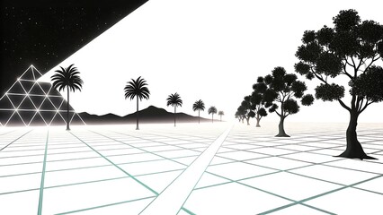 Retro futuristic landscape with glowing grid palm trees and pyramid digital art neon