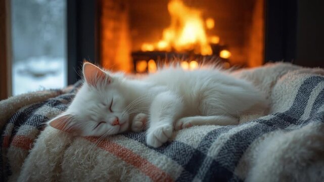 A serene white kitten peacefully sleeping on a cozy blanket by a crackling fireplace in winter