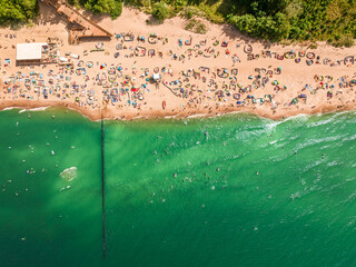 Aerial view of crowded beach at Baltic Sea in Poland.