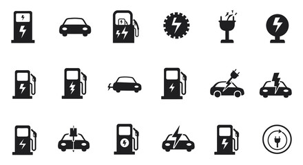 Electric vehicle charging station and car icons with lightning bolts and fuel pumps