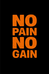 "Motivational black poster with bold orange distressed text 'NO PAIN NO GAIN' centered on a dark background."