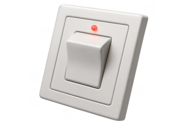 White light switch turned on with red pilot light on transparent background