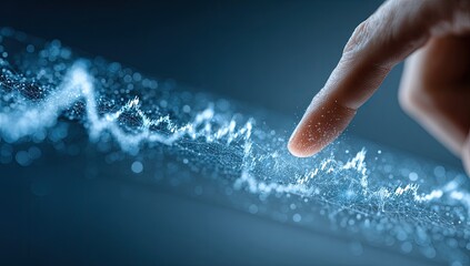 Fingertip interacts with a glowing data visualization.  A hand's finger touches a screen displaying  dynamic, abstract financial data