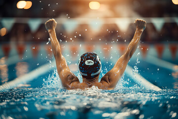 Triumphant swimmer celebrating victory at competitive race finish line