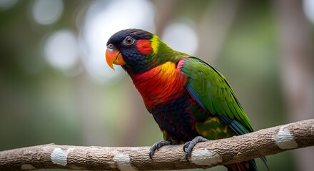Vibrant Rainbow Lorikeet Perched on Branch in Lush Forest.