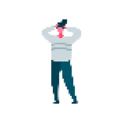 Pixel art figure shows a person with hands on head in a pixelated mosaic style.
