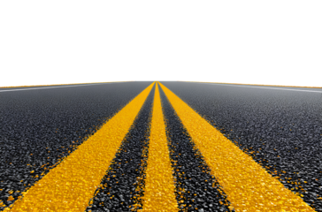 Winding asphalt road with yellow lines, isolated on a transparent background, in a PNG file.
