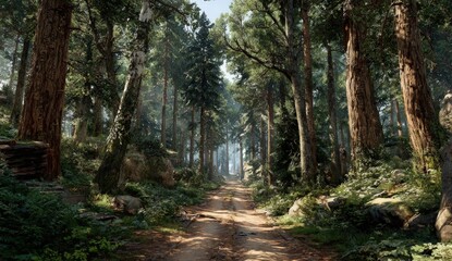 Obraz premium A sunlit forest path winds through tall trees, dappled with sunlight. Greenery and rocks line the way