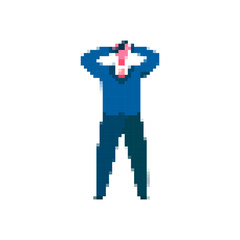 Pixel art style person shows stress by holding head, using simple colors in a mosaic design.