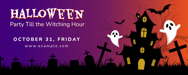 Halloween Party Banner with Pumpkins and Spooky Night Theme featuring pumpkins, ghosts, and bats in a spooky night sky. Perfect for ads, social media, posters, retail promotions, and party invites.
