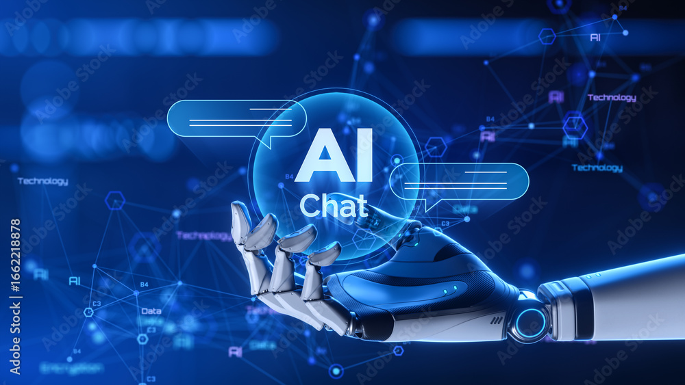 Poster ai chat assistant technology - robotic hand holding sphere with message icon and chatbot