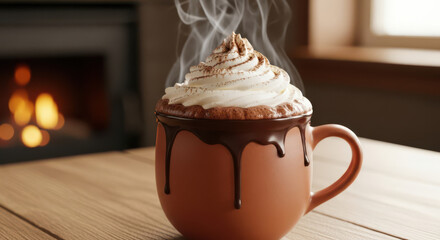Steaming mug of hot chocolate with whipped cream and cinnamon