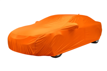 Orange car covered with protective tarpaulin isolated on a transparent background