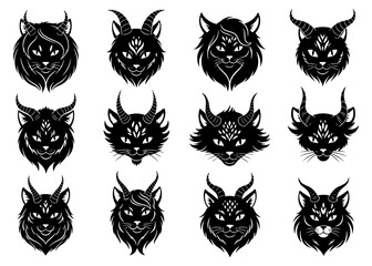Vector art of collection of stylized black cat heads with demonic horns and glowing eyes