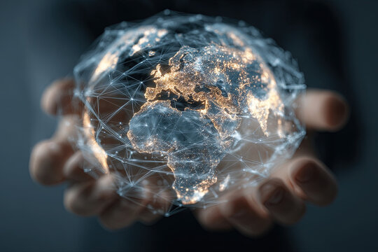 Illuminated earth globe with network lines held in hands showing europe and africa continents